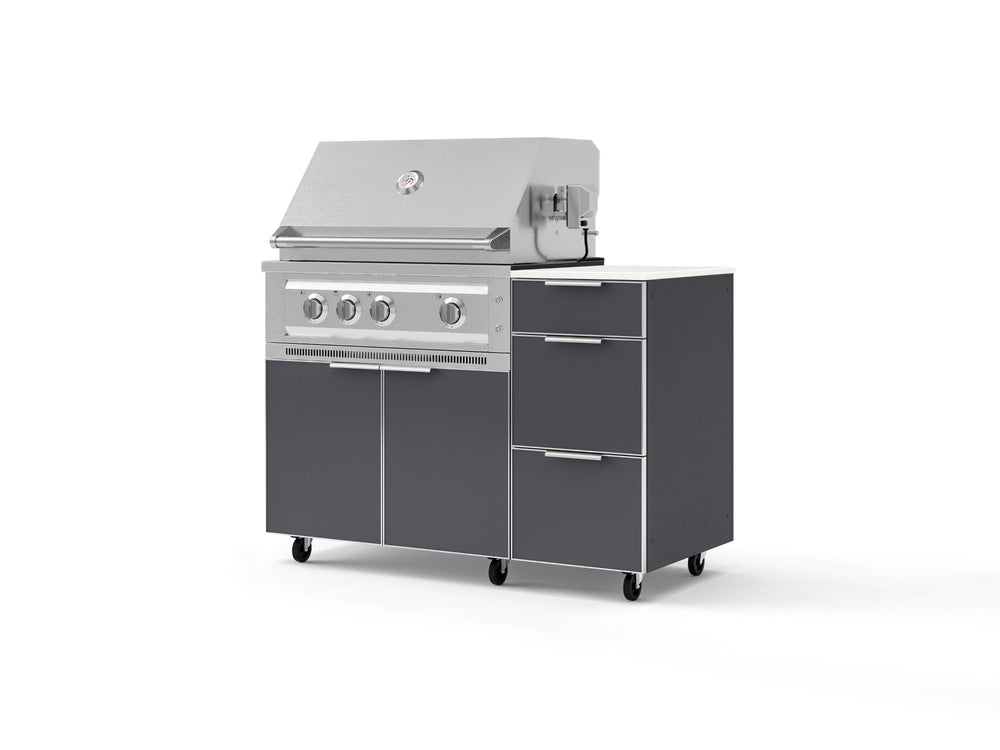 NewAge Outdoor Kitchens Outdoor Grill Island Aluminum 4-Piece Cabinet Set with Casters and 3-Drawer, Grill Cabinet, Platinum Grill and Dekton in Aeris Countertop - (Liquid Propane)-95853-Garage Giant