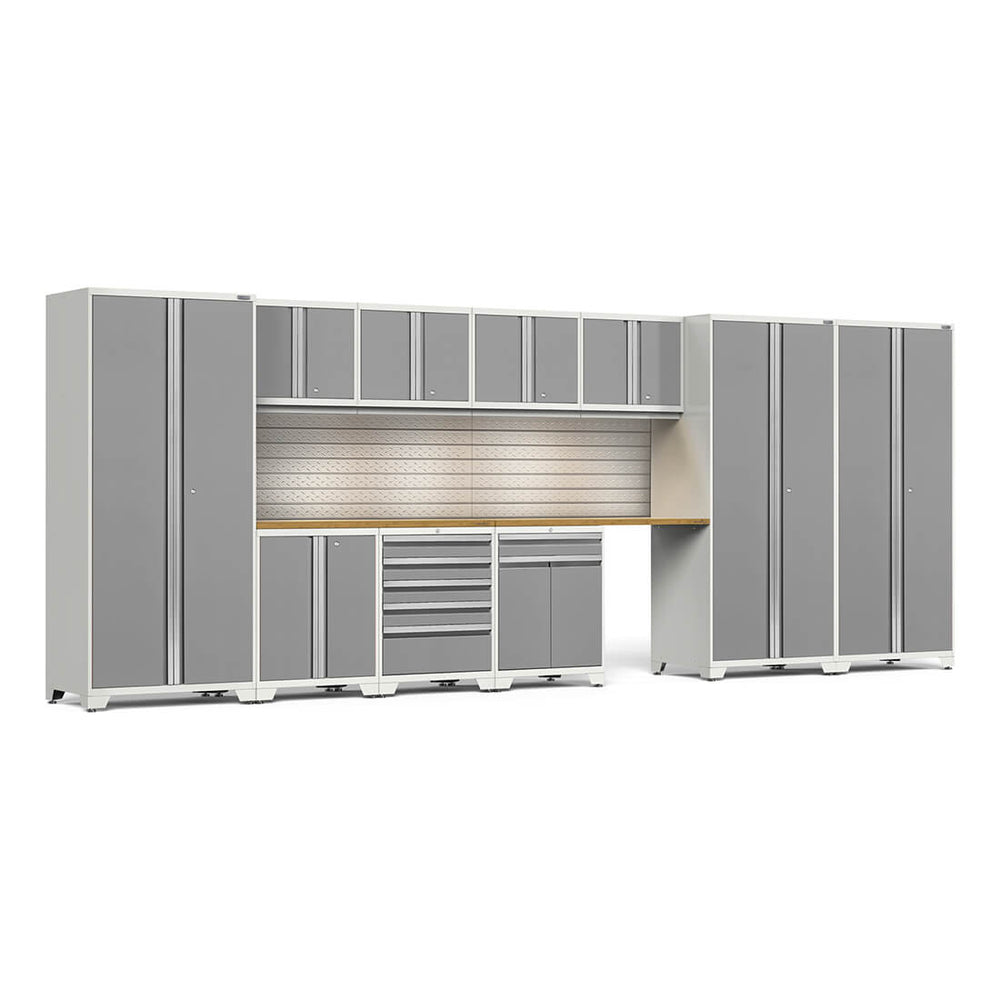 Newage Products Pro 3.0 Series 12-Piece Garage Cabinet Set With 3X Multi-Use Lockers-59921-Platinum-Bamboo Worktop-LED Lights + Slatwall Backsplash-Garage Giant