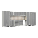 Newage Products Pro 3.0 Series 12-Piece Garage Cabinet Set With 3X Multi-Use Lockers-59921-Platinum-Bamboo Worktop-LED Lights + Slatwall Backsplash-Garage Giant 