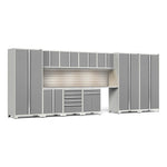 Newage Products Pro 3.0 Series 12-Piece Garage Cabinet Set With 3X Multi-Use Lockers-59923-Platinum-Stainless Steel Worktop-LED Lights + Slatwall Backsplash-Garage Giant 