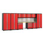 Newage Products Pro 3.0 Series 12-Piece Garage Cabinet Set With 3X Multi-Use Lockers-59933-Red-Bamboo Worktop-LED Lights + Slatwall Backsplash-Garage Giant 