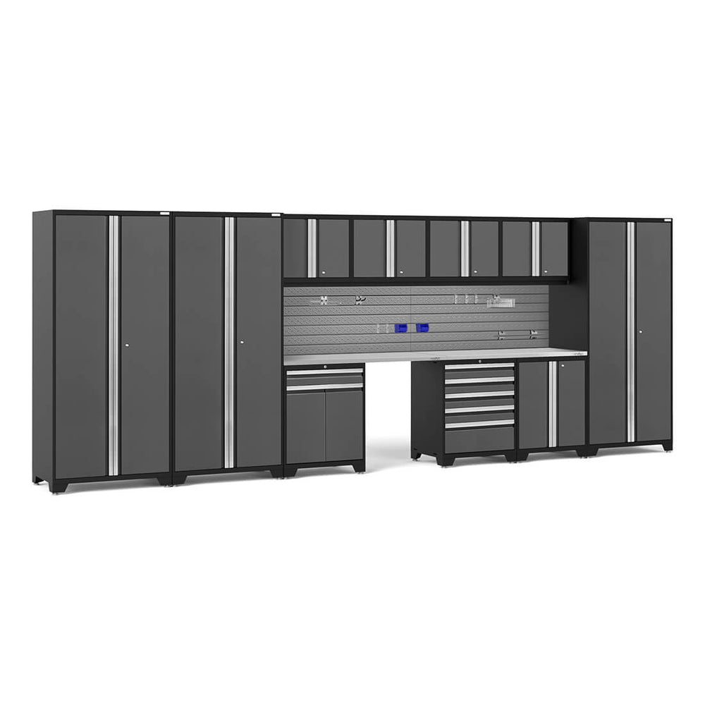 NewAge Garage Cabinets PRO Series Grey 12-Piece Set with Stainless Steel Tops and Slatwall Hook Kit-59974-Garage Giant