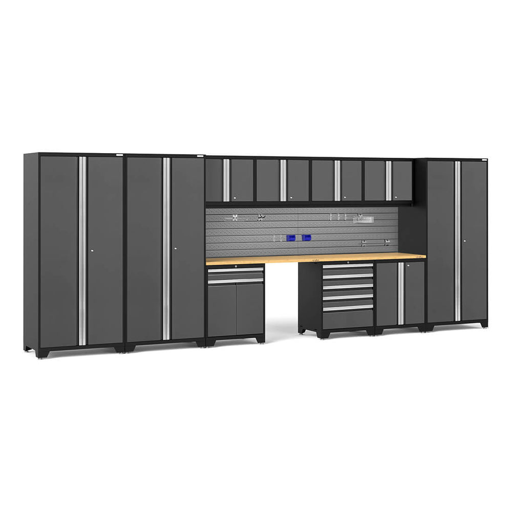 NewAge Garage Cabinets PRO Series Grey 12-Piece Set with Bamboo Tops and Slatwall Hook Kit-59975-Garage Giant