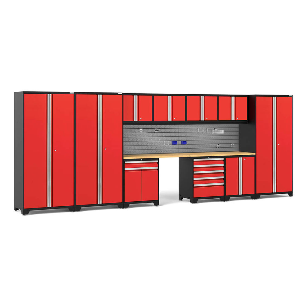 NewAge Garage Cabinets PRO Series Red 12-Piece Set with Bamboo Tops and Slatwall Hook Kit-59977-Garage Giant