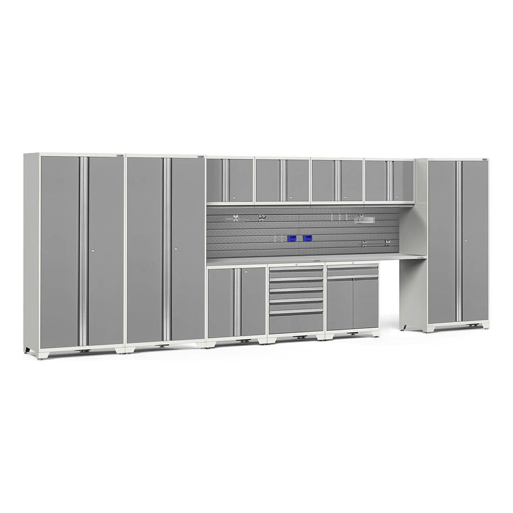 NewAge Garage Cabinets PRO Series Platinum 12-Piece Set with Stainless Tops and Slatwall Hook Kit-59978-Garage Giant