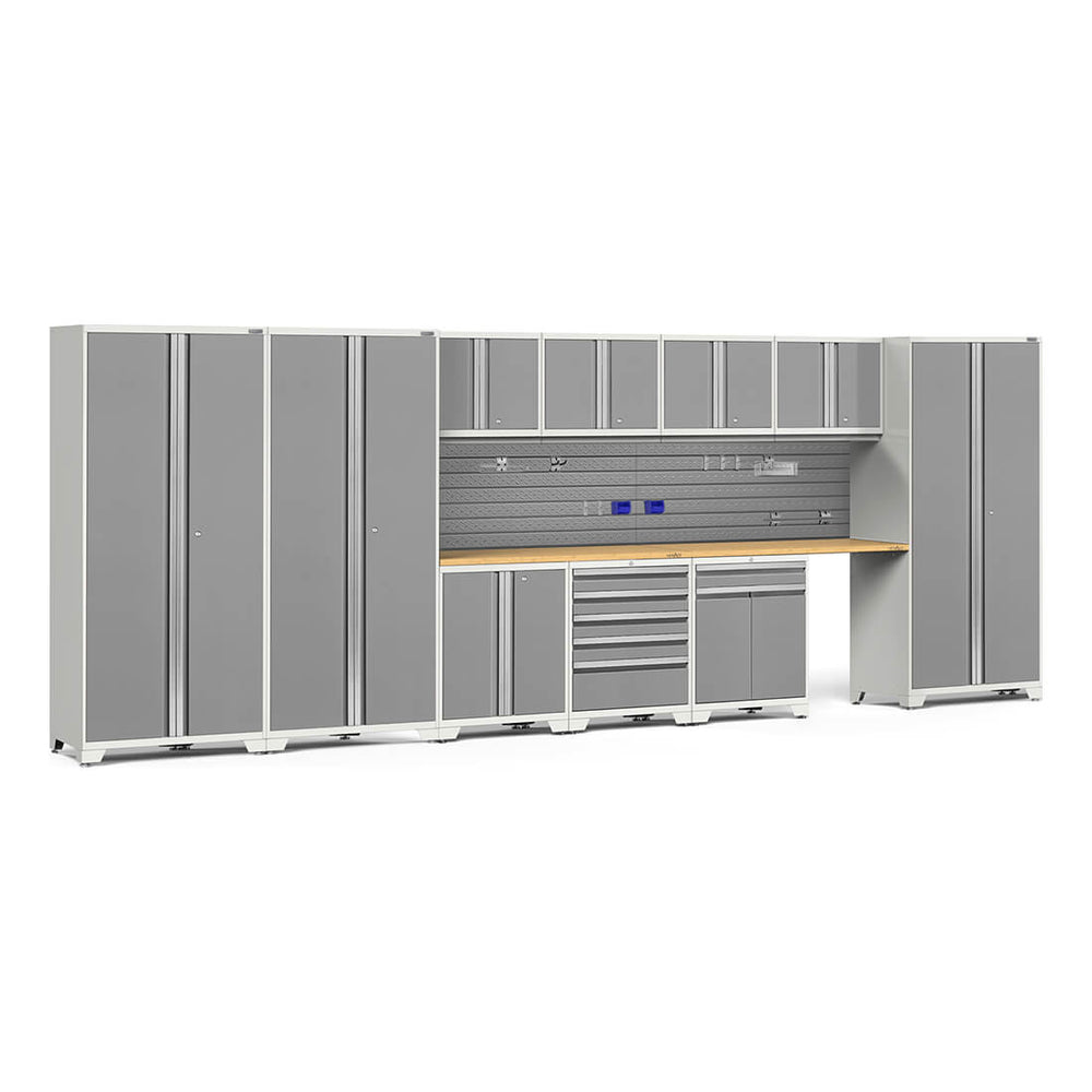 NewAge Garage Cabinets PRO Series Platinum 12-Piece Set with Bamboo Tops and Slatwall Hook Kit-59979-Garage Giant
