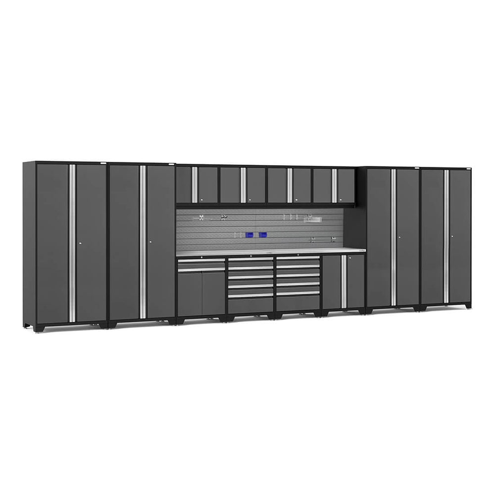 NewAge Garage Cabinets PRO Series Grey 14-Piece Set with Stainless Steel Tops and Slatwall Hook Kit-59980-Garage Giant