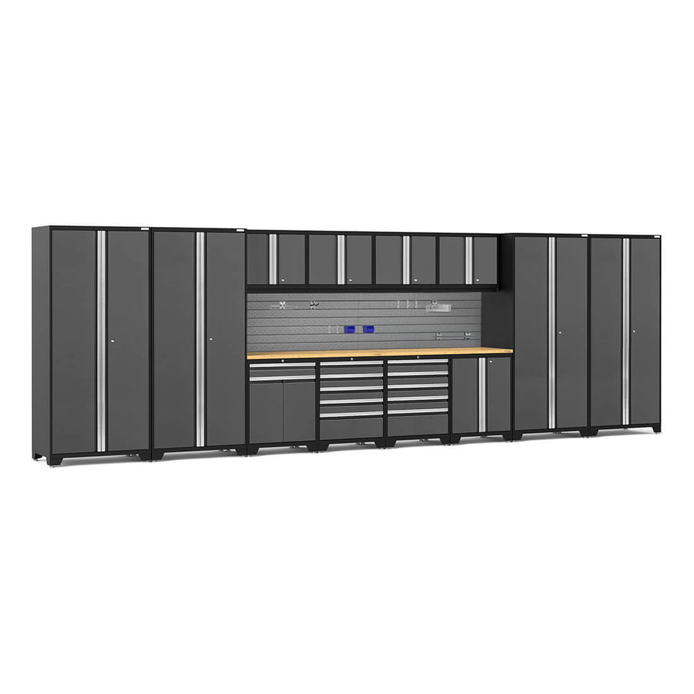 NewAge Garage Cabinets PRO Series Grey 14-Piece Set with Bamboo Tops and Slatwall Hook Kit-59981-Garage Giant