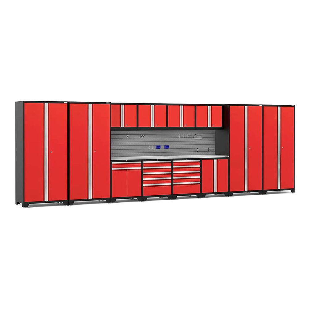 NewAge Garage Cabinets PRO Series Red 14-Piece Set with Stainless Steel Tops and Slatwall Hook Kit-59982-Garage Giant