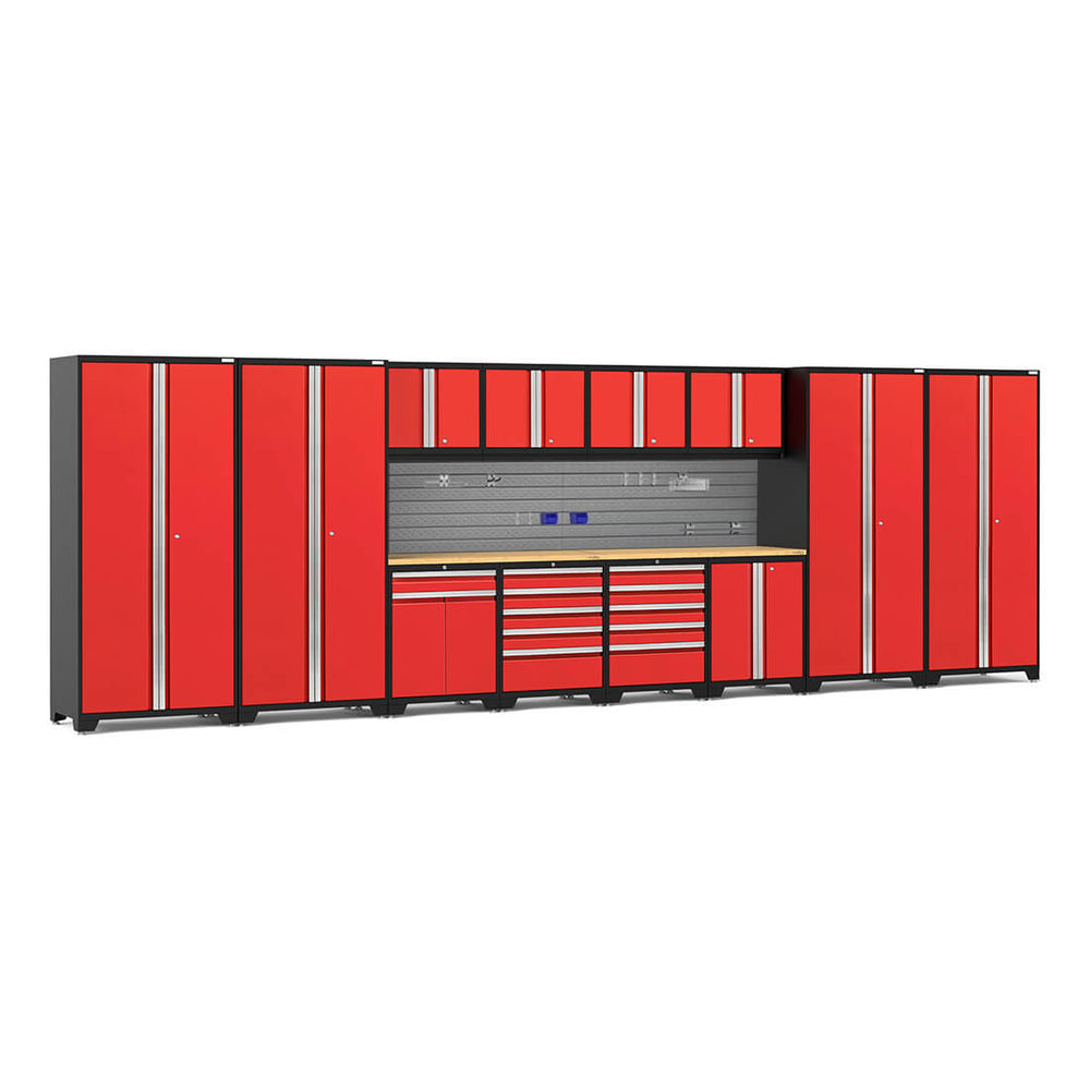 NewAge Garage Cabinets PRO Series Red 14-Piece Set with Bamboo Tops and Slatwall Hook Kit-59983-Garage Giant
