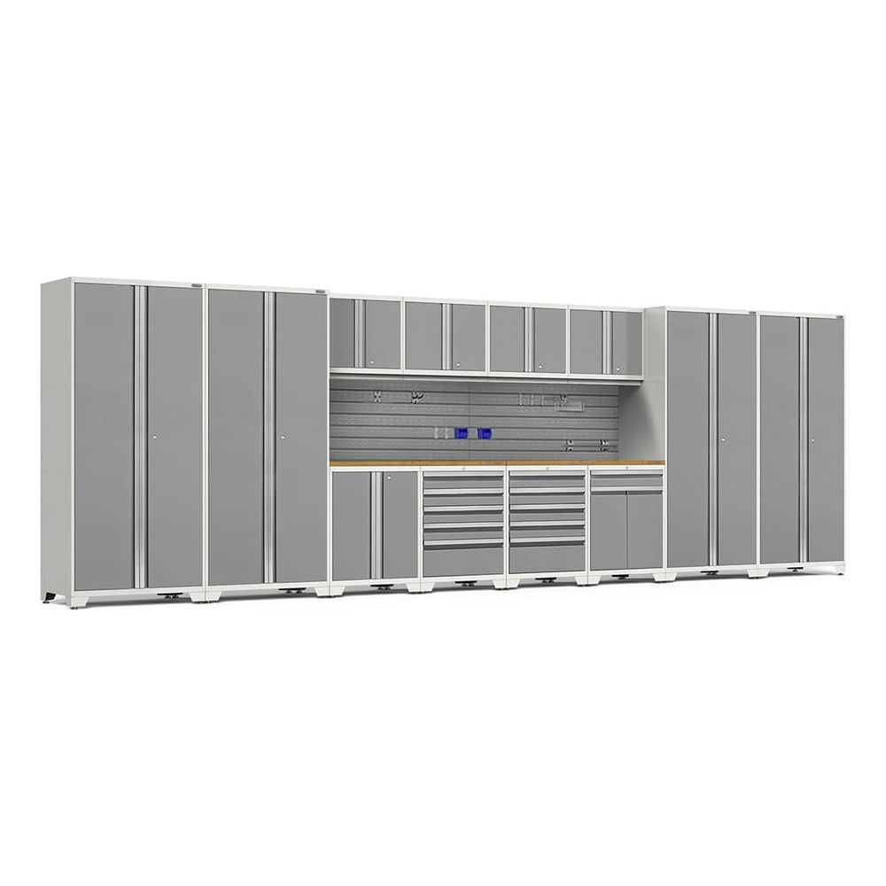 NewAge Garage Cabinets PRO Series Platinum 14-Piece Set with Stainless Steel Tops and Slatwall Hook Kit-59984-Garage Giant