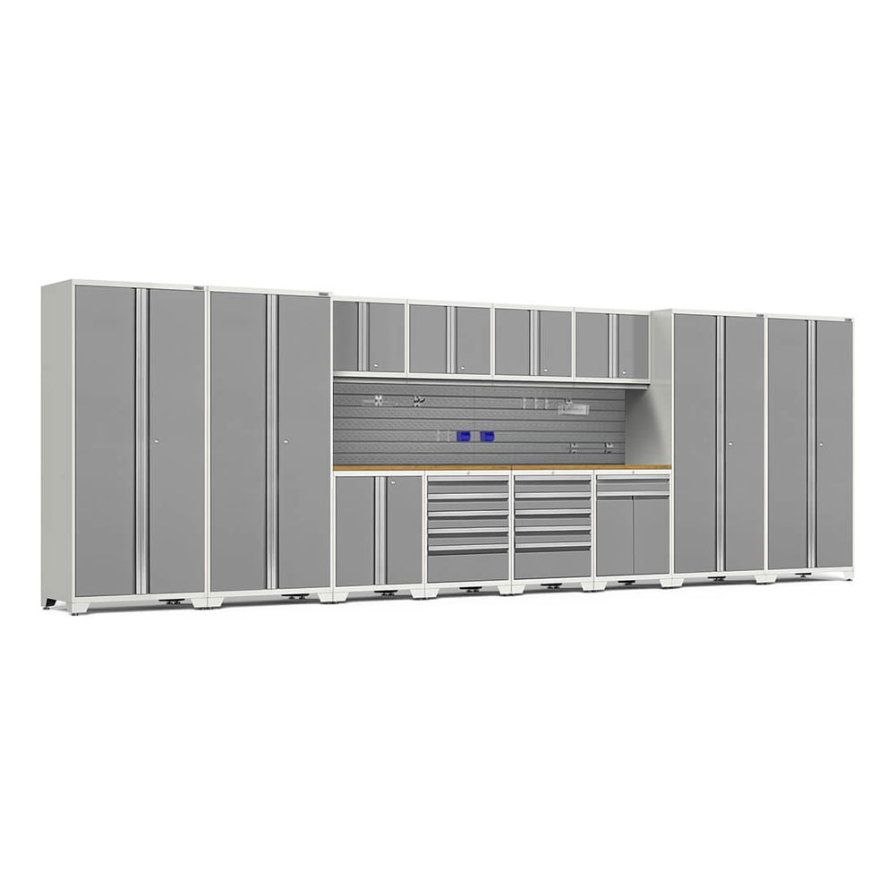 NewAge Garage Cabinets PRO Series Platinum 14-Piece Set with Bamboo Tops and Slatwall Hook Kit-59985-Garage Giant