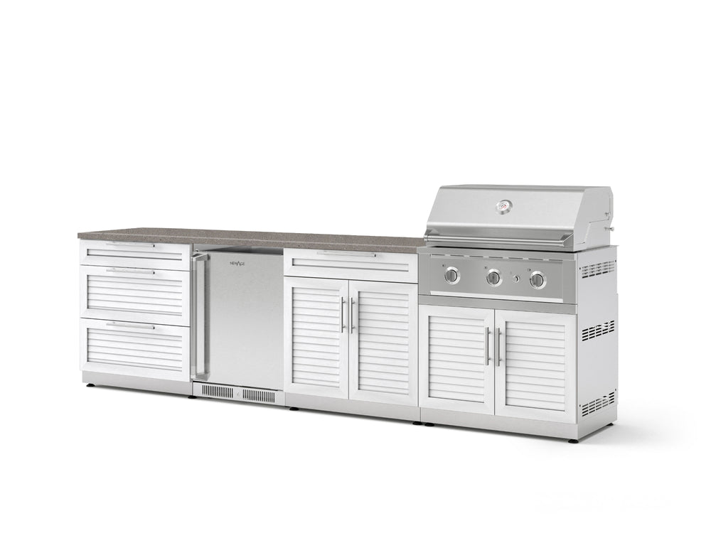 NewAge Outdoor Kitchens Stainless Steel 7-Piece Cabinet Set with 3-Drawer, Bar, Grill Cabinet, Performance Grill, Countertops, and Stainless Steel Door Fridge-73689-Garage Giant