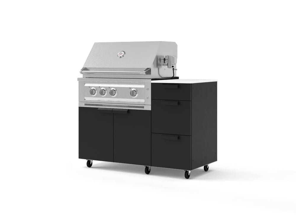 NewAge Outdoor Kitchens Outdoor Grill Island Stainless-Steel 4-Piece Cabinet Set with Casters and 3-Drawer, Grill Cabinet, Platinum Grill and Dekton in Aeris Countertop - (Liquid Propane) | Garage Giant