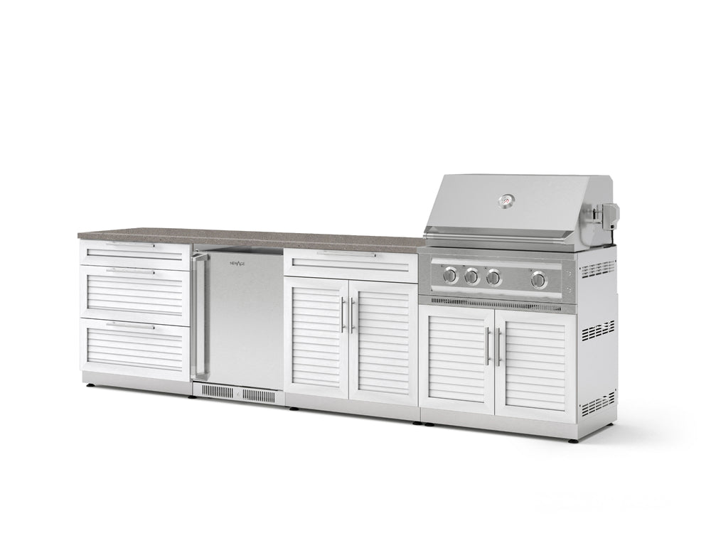 NewAge Outdoor Kitchens Stainless Steel 7-Piece Cabinet Set with 3-Drawer, Bar, Grill Cabinet, Platinum Grill, Countertop, and Stainless Steel Door Fridge-73695-Garage Giant