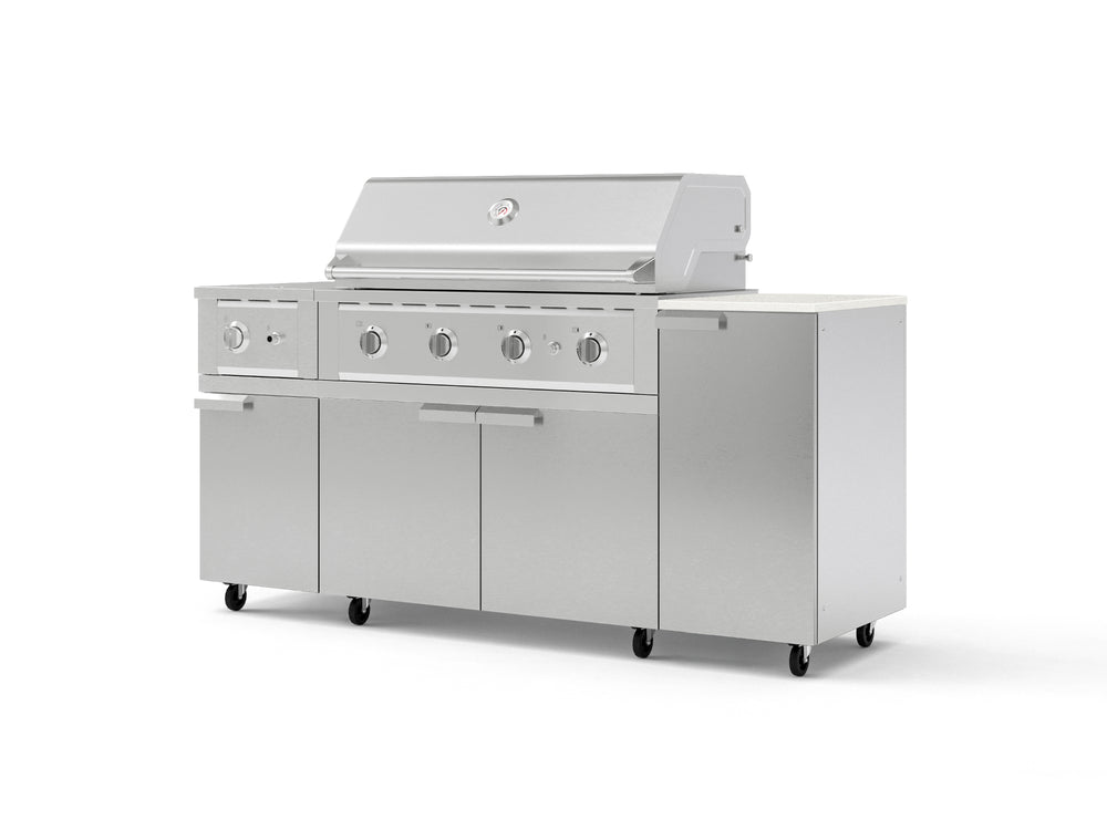 NewAge Outdoor Kitchens Outdoor Grill Island Stainless-Steel 6-Piece Cabinet Set with Casters and 1-Door, Grill Cabinet, Performance Grill, Side Burner and Dekton in Aeris Countertop - (Liquid Propane) | Garage Giant