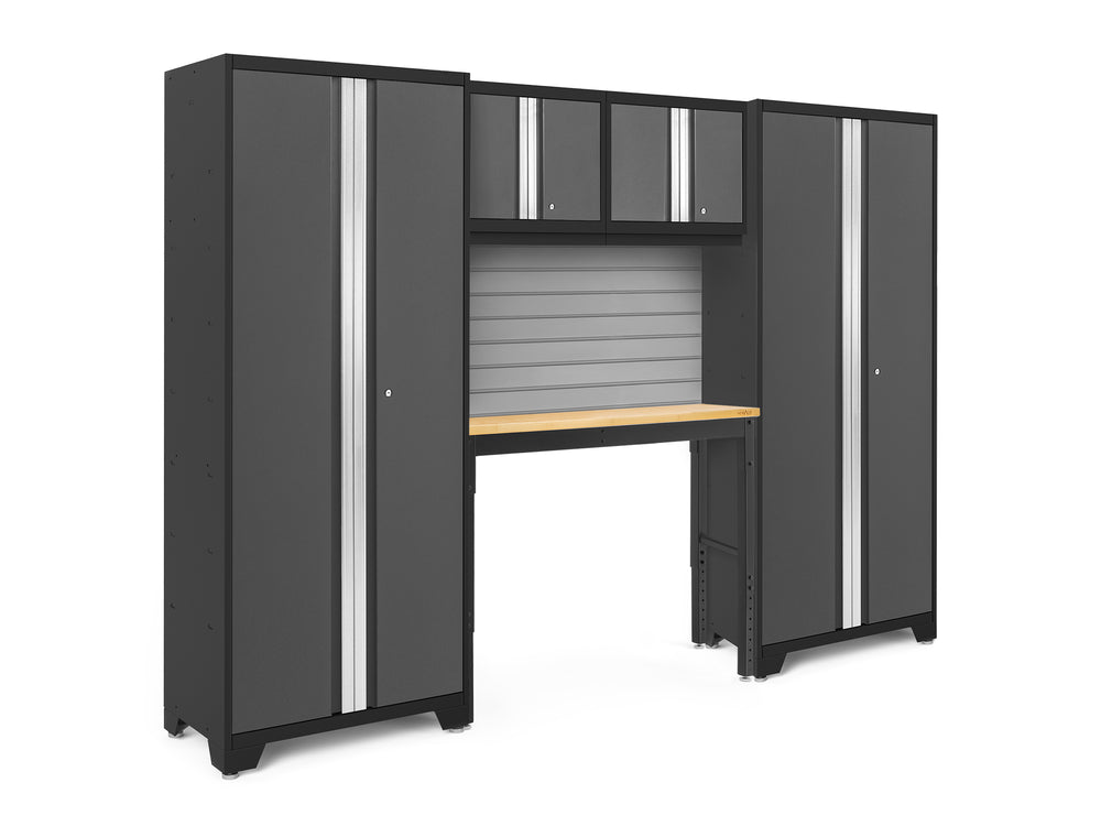 NewAge Garage Cabinets Bold Series 5-Piece Cabinet Set with Locker, RTA Locker, Tool, Wall Cabinets, Slatwall Backsplash, Workbench and Worktop-63032-Garage Giant