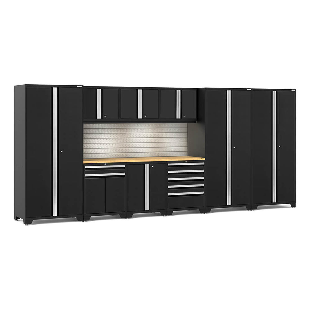 Newage Products Pro 3.0 Series 10-Piece Garage Cabinet Set With 3X Multi-Use Lockers-64229-Black-Bamboo Worktop-LED Lights + Slatwall Backsplash-Garage Giant