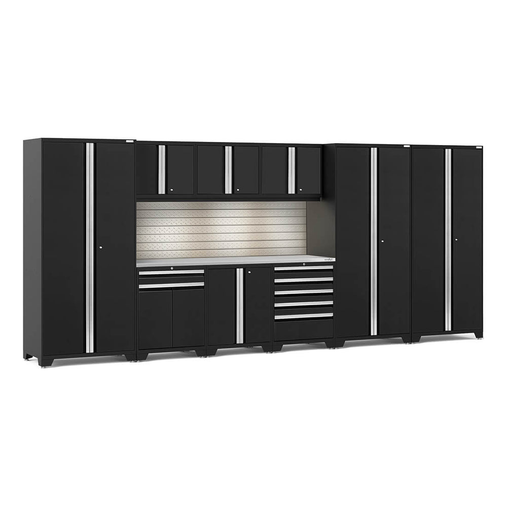 Newage Products Pro 3.0 Series 10-Piece Garage Cabinet Set With 3X Multi-Use Lockers-64231-Black-Stainless Steel Worktop-LED Lights + Slatwall Backsplash-Garage Giant
