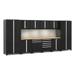 Newage Products Pro 3.0 Series 12-Piece Garage Cabinet Set-64289-Black-Bamboo Worktop-LED Lights + Slatwall Backsplash-Garage Giant 