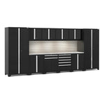 Newage Products Pro 3.0 Series 12-Piece Garage Cabinet Set-64291-Black-Stainless Steel Worktop-LED Lights + Slatwall Backsplash-Garage Giant 