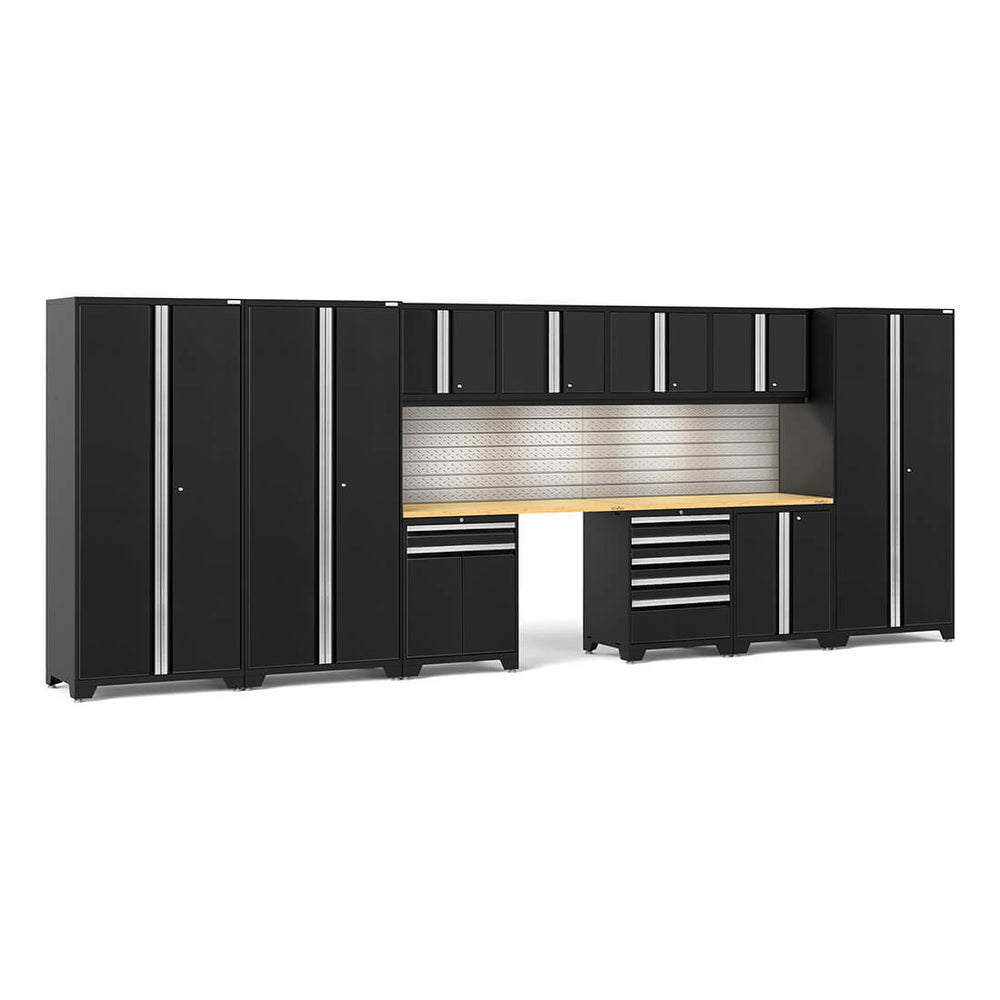 Newage Products Pro 3.0 Series 12-Piece Garage Cabinet Set With 3X Multi-Use Lockers-64297-Black-Bamboo Worktop-LED Lights + Slatwall Backsplash-Garage Giant