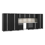 Newage Products Pro 3.0 Series 12-Piece Garage Cabinet Set With 3X Multi-Use Lockers-64299-Black-Stainless Steel Worktop-LED Lights + Slatwall Backsplash-Garage Giant 