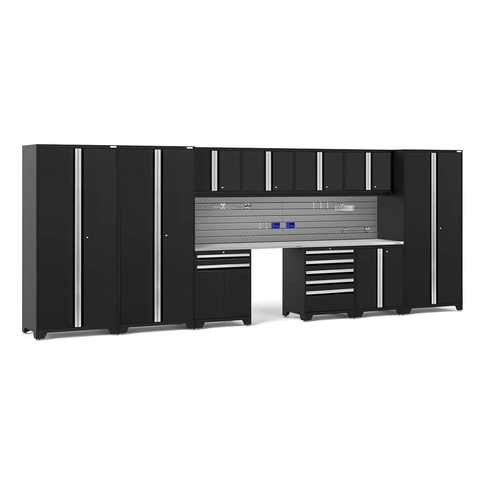 NewAge Garage Cabinets PRO Series Black 12-Piece Set with Stainless Steel Tops and Slatwall Hook Kit-64300-Garage Giant