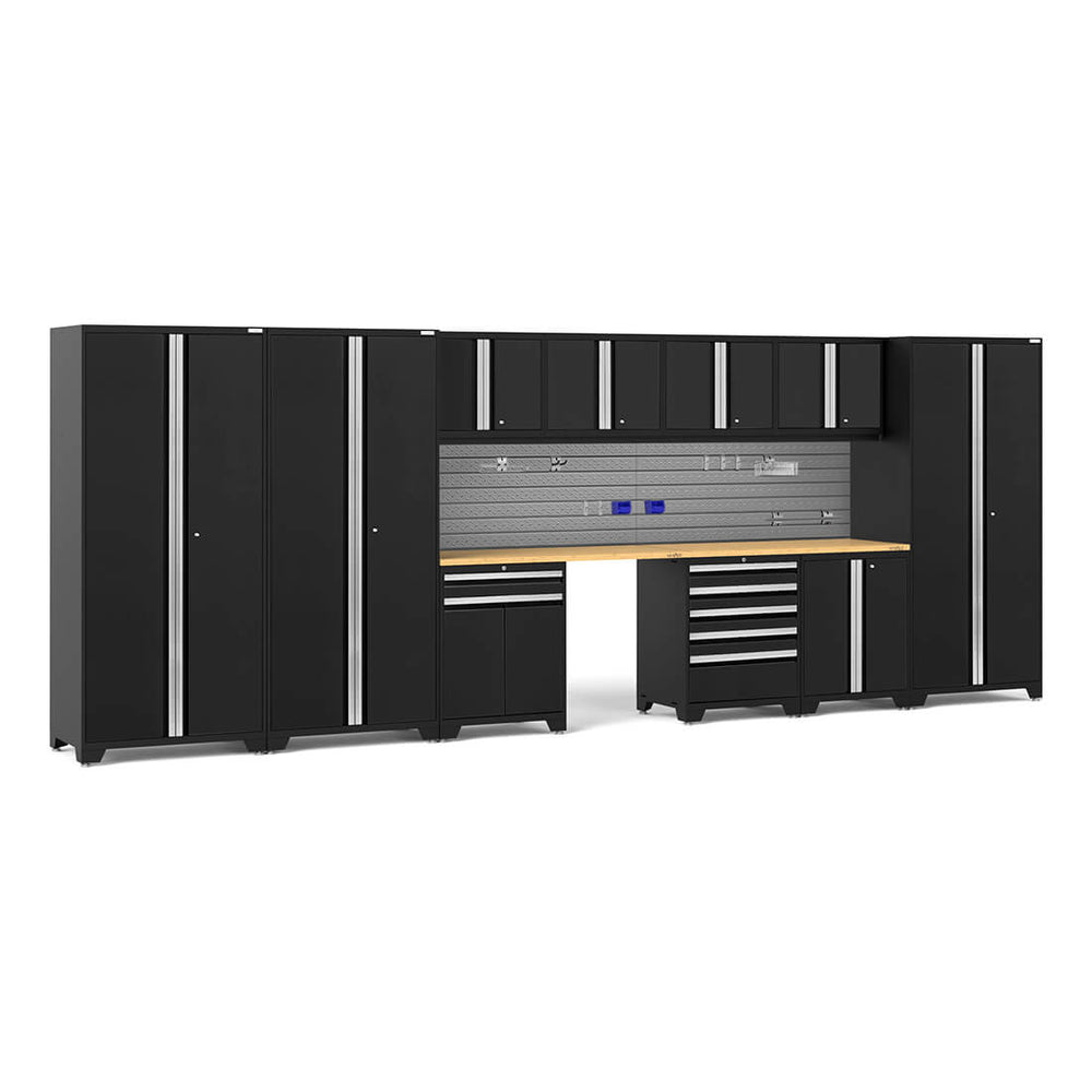 NewAge Garage Cabinets PRO Series Black 12-Piece Set with Bamboo Tops and Slatwall Hook Kit-64301-Garage Giant