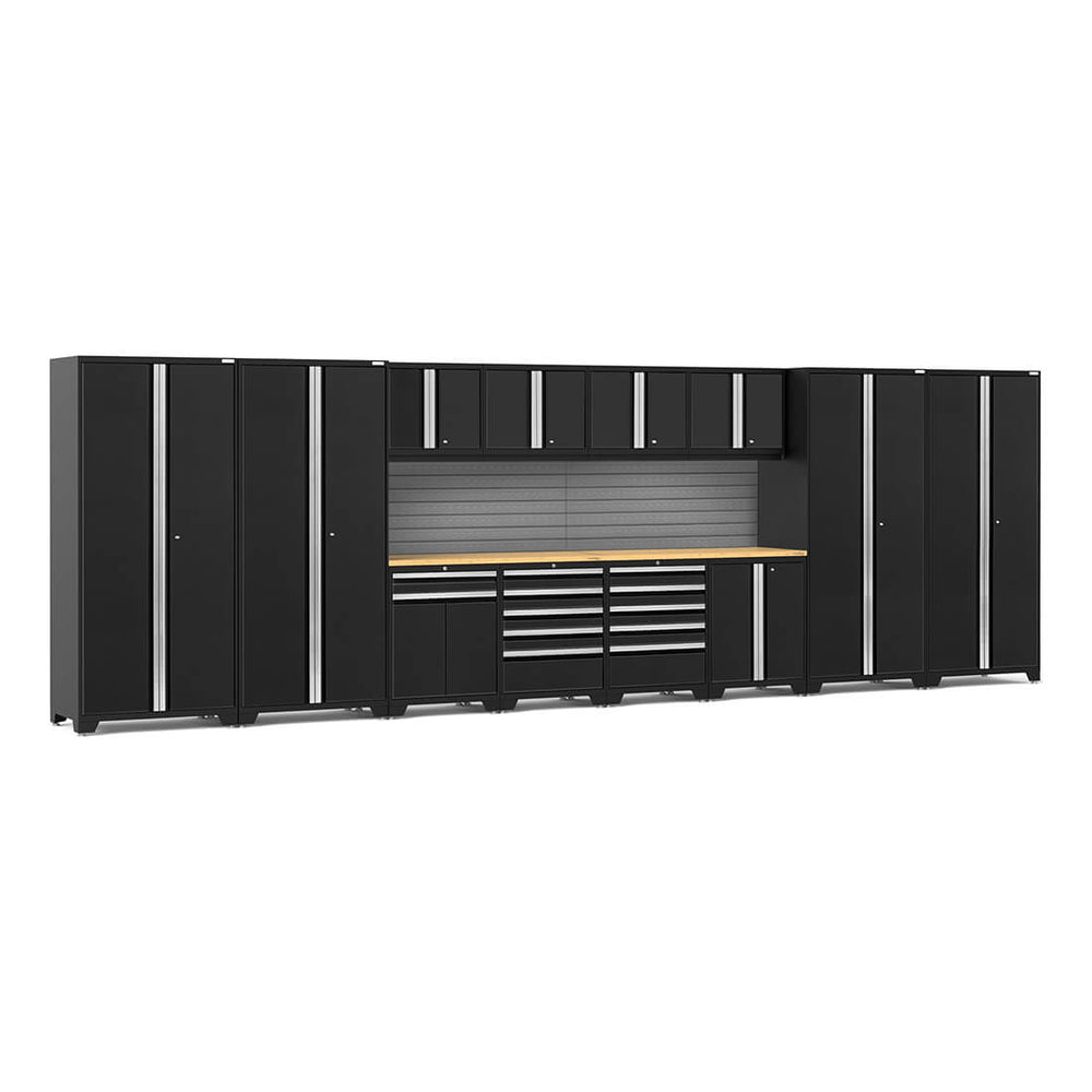 Newage Products Pro 3.0 Series 14-Piece Garage Cabinet Set With Multi-Function Cabinet-64307-Black-Bamboo Worktop-Slatwall Backsplash-Garage Giant