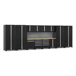 Newage Products Pro 3.0 Series 14-Piece Garage Cabinet Set With Multi-Function Cabinet-64307-Black-Bamboo Worktop-Slatwall Backsplash-Garage Giant 
