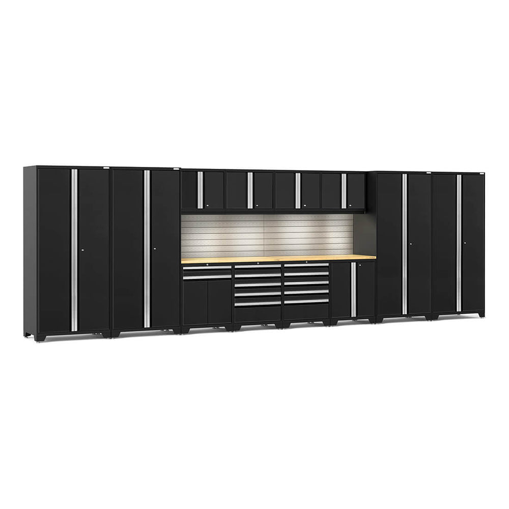 Newage Products Pro 3.0 Series 14-Piece Garage Cabinet Set With Multi-Function Cabinet-64308-Black-Bamboo Worktop-LED Lights + Slatwall Backsplash-Garage Giant