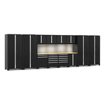 Newage Products Pro 3.0 Series 14-Piece Garage Cabinet Set With Multi-Function Cabinet-64308-Black-Bamboo Worktop-LED Lights + Slatwall Backsplash-Garage Giant 