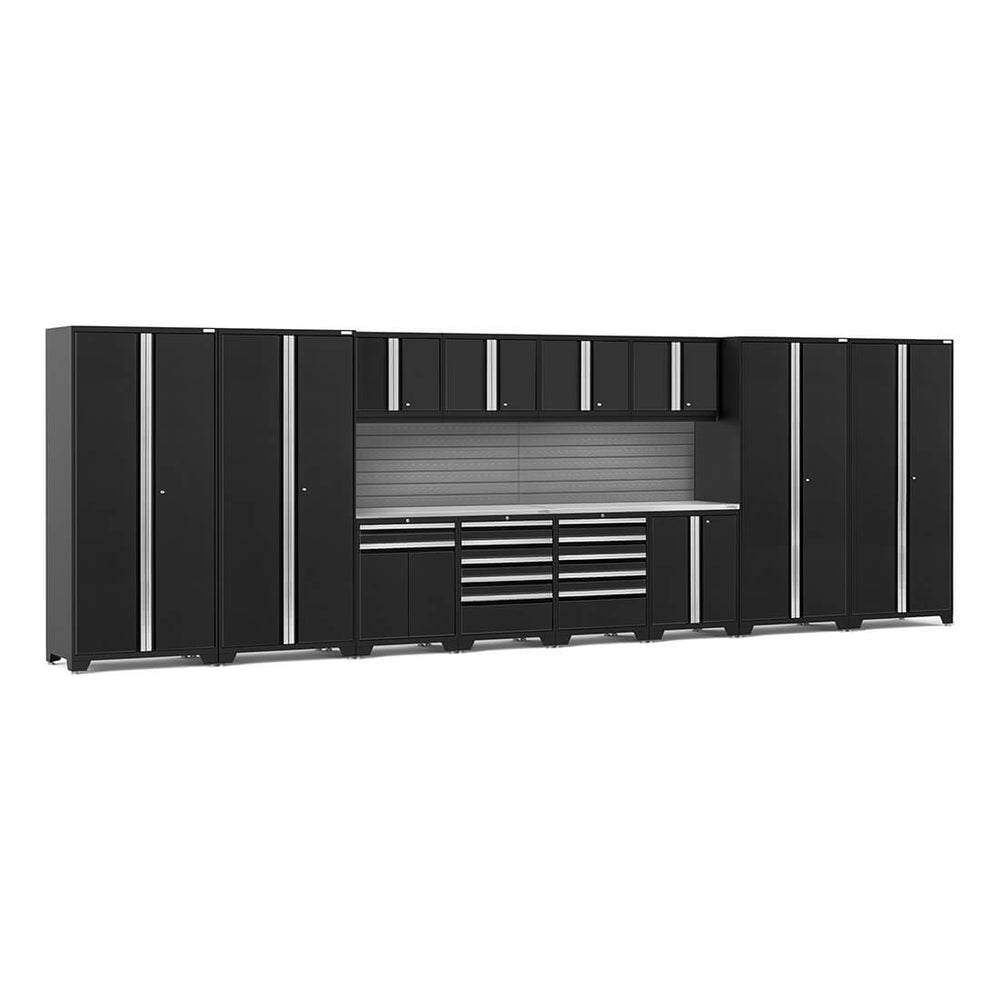 Newage Products Pro 3.0 Series 14-Piece Garage Cabinet Set With Multi-Function Cabinet-64309-Black-Stainless Steel Worktop-Slatwall Backsplash-Garage Giant