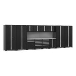 Newage Products Pro 3.0 Series 14-Piece Garage Cabinet Set With Multi-Function Cabinet-64309-Black-Stainless Steel Worktop-Slatwall Backsplash-Garage Giant 