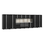 Newage Products Pro 3.0 Series 14-Piece Garage Cabinet Set With Multi-Function Cabinet-64310-Black-Stainless Steel Worktop-LED Lights + Slatwall Backsplash-Garage Giant 