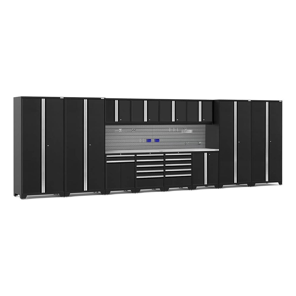 NewAge Garage Cabinets PRO Series Black 14-Piece Set with Stainless Steel Tops and Slatwall Hook Kit-64311-Garage Giant