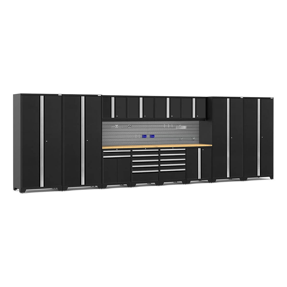 NewAge Garage Cabinets PRO Series Black 14-Piece Set with Bamboo Tops and Slatwall Hook Kit-64312-Garage Giant