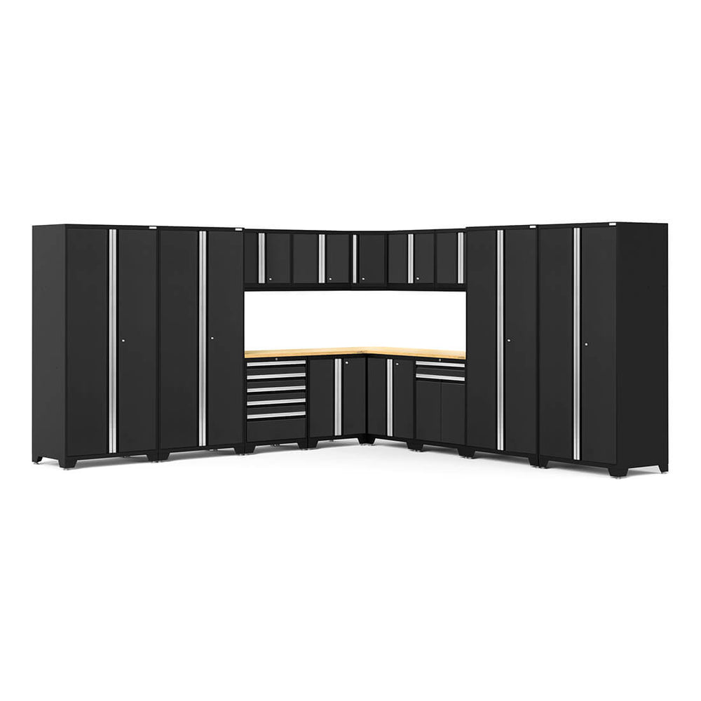 Newage Products Pro 3.0 Series 16-Piece Garage Cabinet Corner Set-64324-Black-Bamboo Worktop-LED Lights-Garage Giant