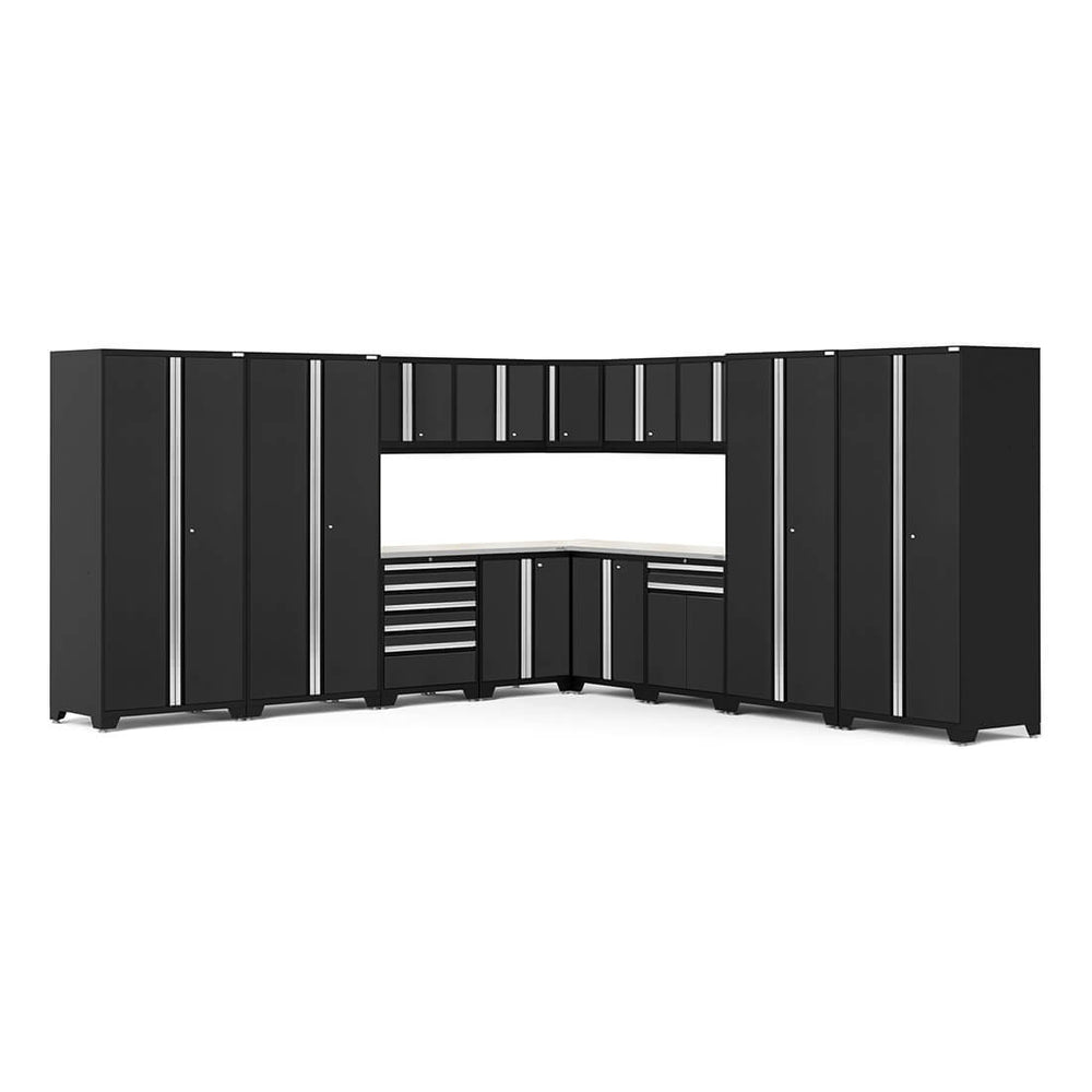Newage Products Pro 3.0 Series 16-Piece Garage Cabinet Corner Set-64326-Black-Stainless Steel Worktop-LED Lights-Garage Giant
