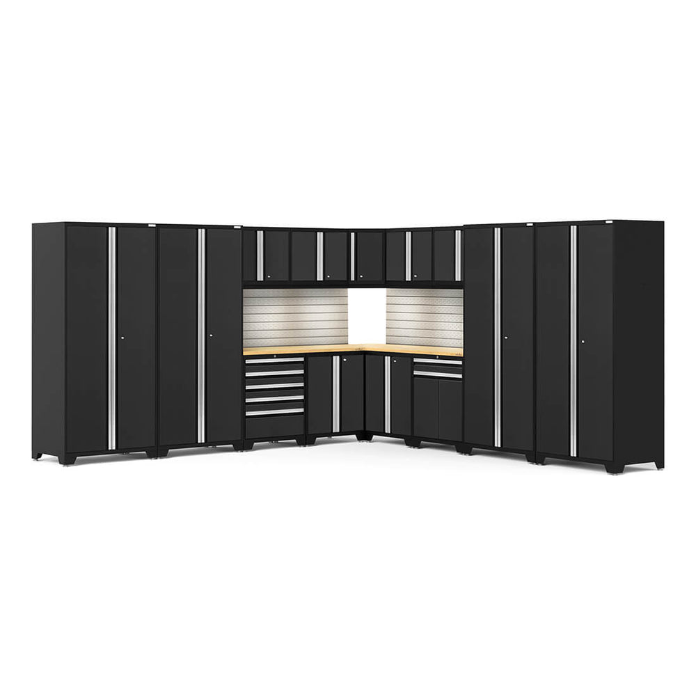 Newage Products Pro 3.0 Series 16-Piece Garage Cabinet Corner Set-64328-Black-Bamboo Worktop-LED Lights + Slatwall Backsplash-Garage Giant