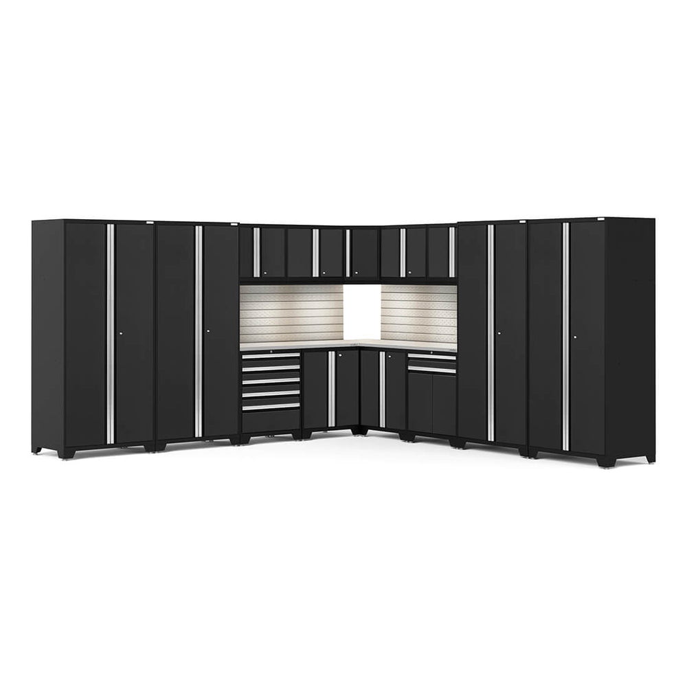 Newage Products Pro 3.0 Series 16-Piece Garage Cabinet Corner Set-64330-Black-Stainless Steel Worktop-LED Lights + Slatwall Backsplash-Garage Giant
