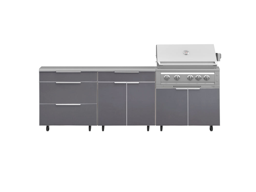NewAge Outdoor Kitchens Aluminum 5-Piece Cabinet Set With Casters and 3 Drawer, Bar, Grill Cabinet, Platinum Grill, Countertop-72646-Garage Giant