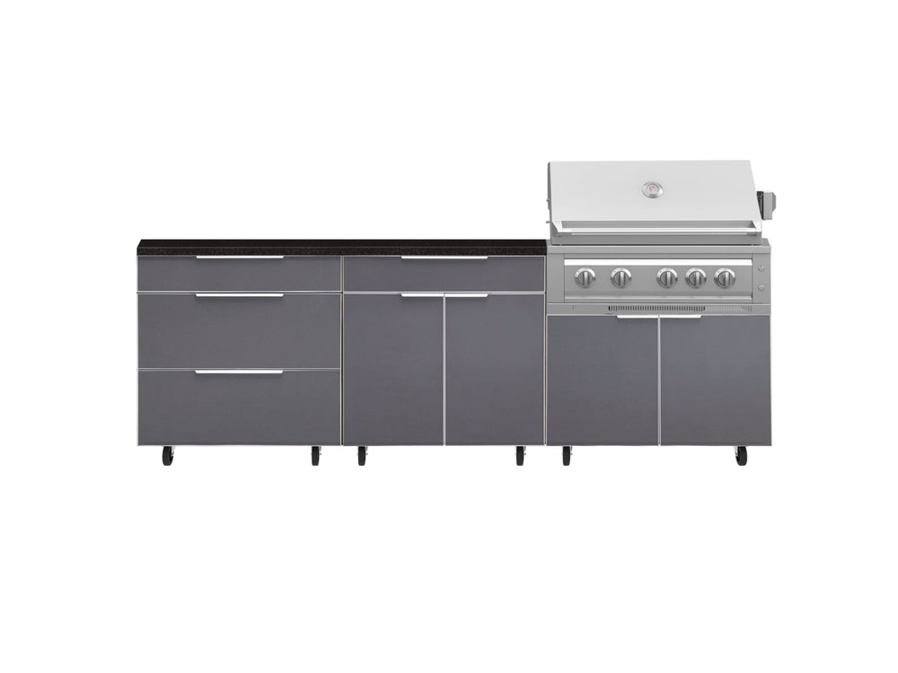 NewAge Outdoor Kitchens Aluminum 5-Piece Cabinet Set With Casters and 3 Drawer, Bar, Grill Cabinet, Platinum Grill, Countertop-72574-Garage Giant