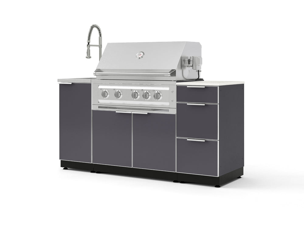 NewAge Outdoor Kitchens Outdoor Grill Island Aluminum 5-Piece Cabinet Set with Sink, 3 Drawer, Grill Cabinet, Platinum Grill and Stainless Steel Countertop - (Natural Gas) | Garage Giant