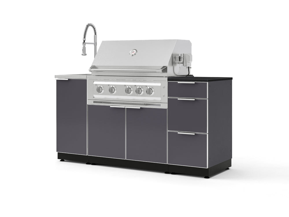 NewAge Outdoor Kitchens Outdoor Grill Island Aluminum 5-Piece Cabinet Set with Sink, 3 Drawer, Grill Cabinet, Platinum Grill and Stainless Steel Countertop - (Natural Gas) | Garage Giant
