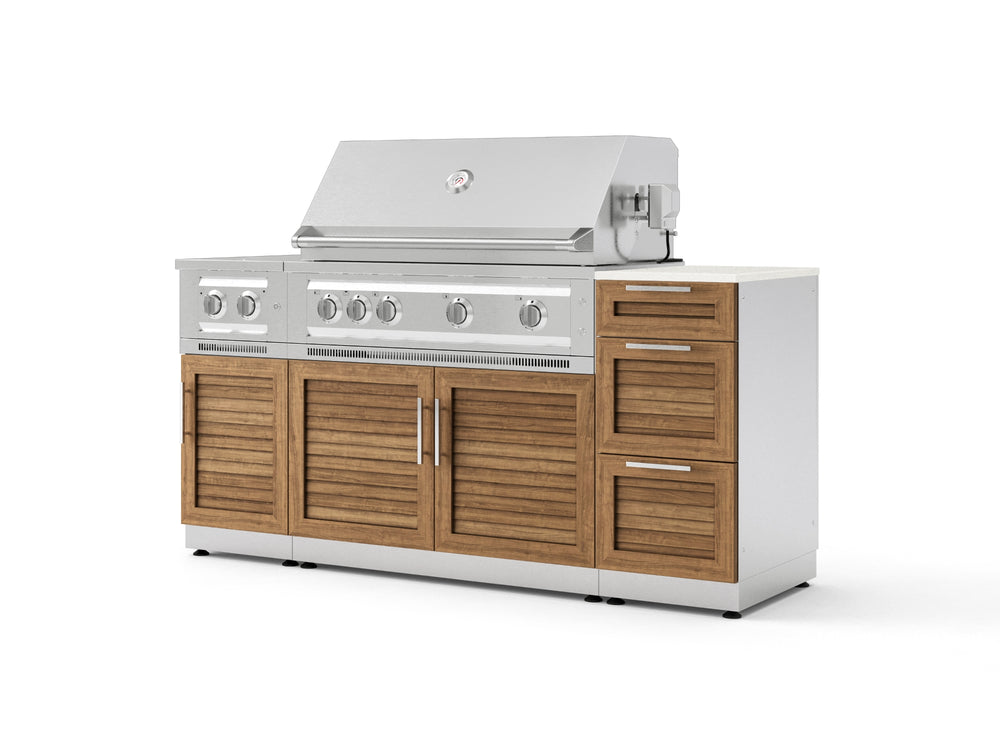 NewAge Outdoor Kitchens Outdoor Grill Island Stainless-Steel Louvered Doors 6-Piece Cabinet Set with 3-Drawer, Grill Cabinet, Platinum Grill, Dual Side Burner and Dekton in Aeris Countertop - (Natural Gas) | Garage Giant