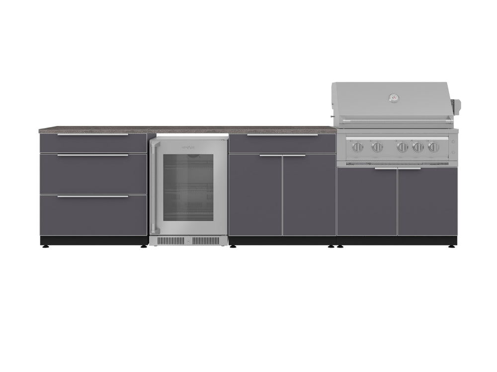 NewAge Outdoor Kitchens Aluminum 7-Piece Cabinet Set with 3-Drawer, Bar, Grill Cabinet, Platinum Grill, Countertops and Fridge-71920-Garage Giant