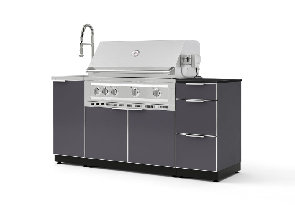 NewAge Outdoor Kitchens Outdoor Grill Island Aluminum 5-Piece Cabinet Set with Sink, 3 Drawer, Grill Cabinet, Platinum Grill and Stainless Steel Countertop - (Natural Gas) | Garage Giant