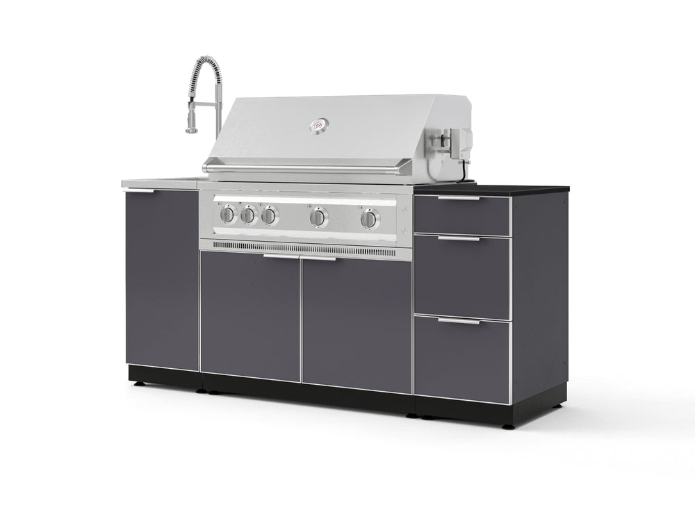 NewAge Outdoor Kitchens Outdoor Grill Island Aluminum 5-Piece Cabinet Set with Sink, 3 Drawer, Grill Cabinet, Platinum Grill and Stainless Steel Countertop - (Liquid Propane) | Garage Giant
